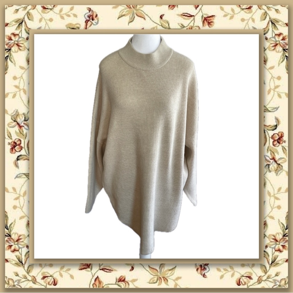 Ophelia Roe Tan Mock Neck Asymmetrical Hem Ribbed Sweater